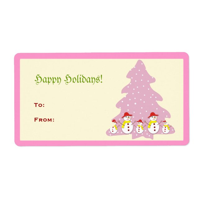 Pink Cute Christmas Tree Snowmen Label (Vorne)