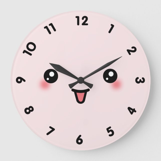 Pink Cute Kawaii Face Große Wanduhr (Vorderseite)
