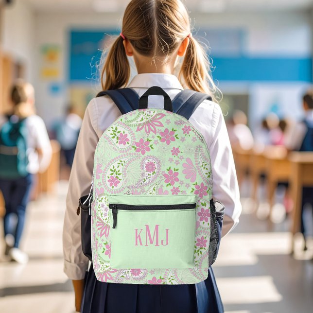 Pink Cute Paisley Monogram Personalized Bedruckter Rucksack (Cute green paisley print backpack)