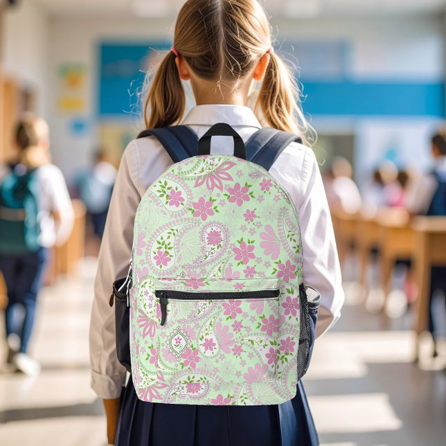 Pink Cute Paisley Pattern Chic Bedruckter Rucksack (Pink and green paisley print pattern backpack.)
