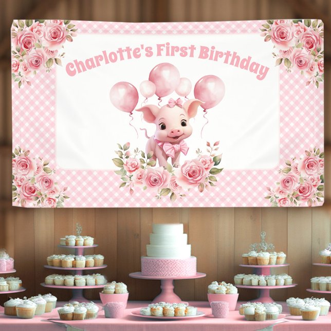 Pink Cute Pig Farm Girl 1er anniversaire bannière  (Pink Cute Pig Farm Girl 1st Birthday Party Banner)