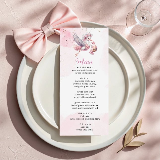 Pink & Cute Stork Baby Girl Shower Menu Card (Créateur téléchargé)