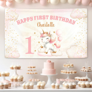 Pink Cute Unicorn Girl 1er Anniversaire bannière d