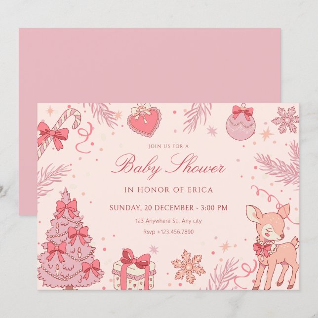 Pink cute winter baby shower einladung (Vorne/Hinten)