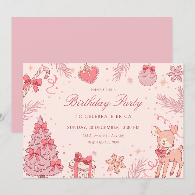 Pink cute winter birthday einladung (Vorne/Hinten)
