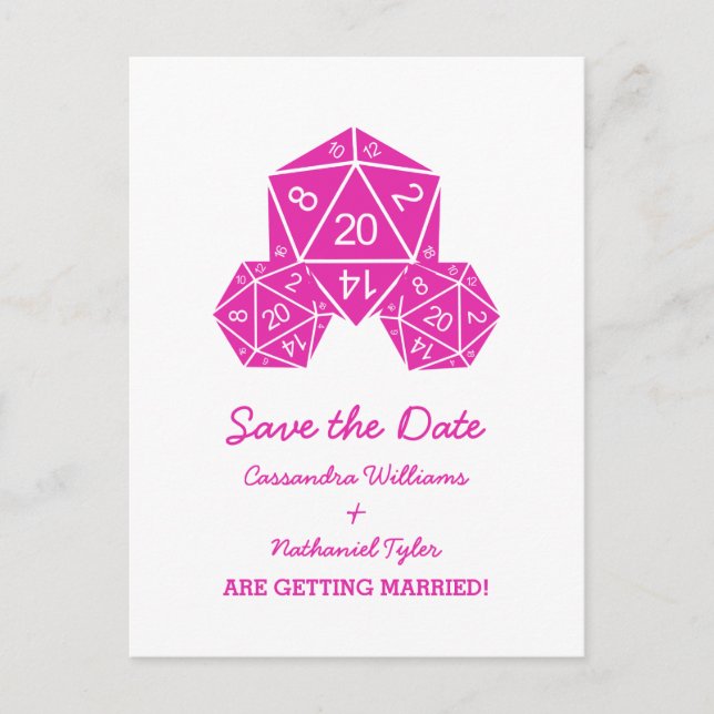Pink D20 Dice Save the Date Postkarte (Vorderseite)