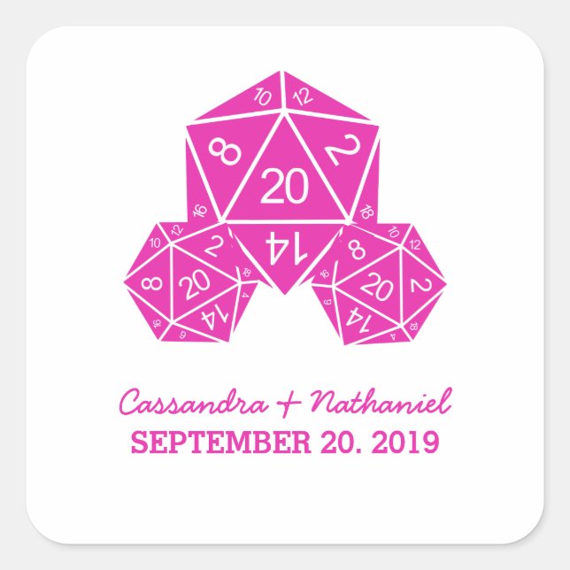 Pink D20 Dice Wedding Stickers (Vorderseite)
