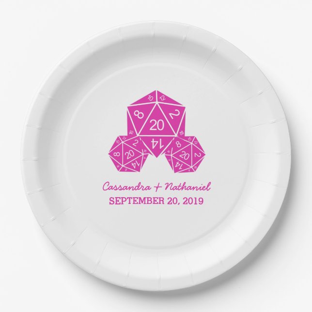 Pink D20 Würfel Hochzeitspapier-Teller Pappteller (Vorderseite)