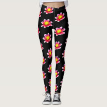 Pink Dahlia Floral Print Black Leggings