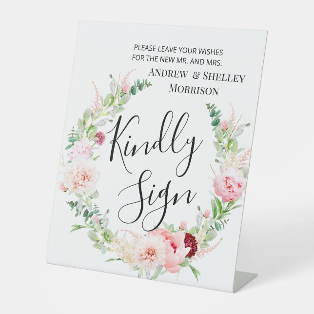 Pink Dahlia Kindly Sign Wedding Gästebuch Sockelschild (Vorderseite)