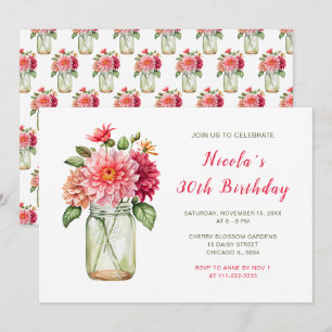 Pink Dahlias Mason Jar Birthday Party Einladung