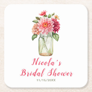 Pink Dahlias Mason Jar Brautparty Rechteckiger Pappuntersetzer