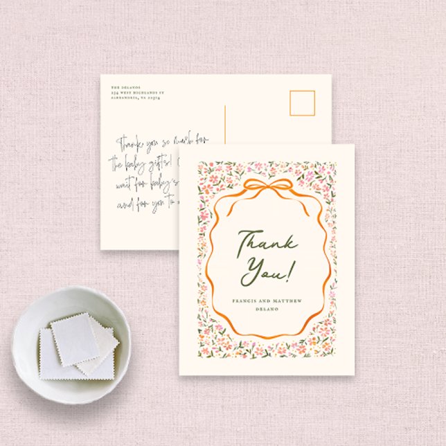 Pink Dainty Flowers and Orange Bow Thank You Postkarte (pretty pink wildflowers and orange bow thank you note postcard)