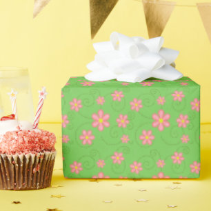 Pink Daisies and Bug Trails on Bright Green Geschenkpapier