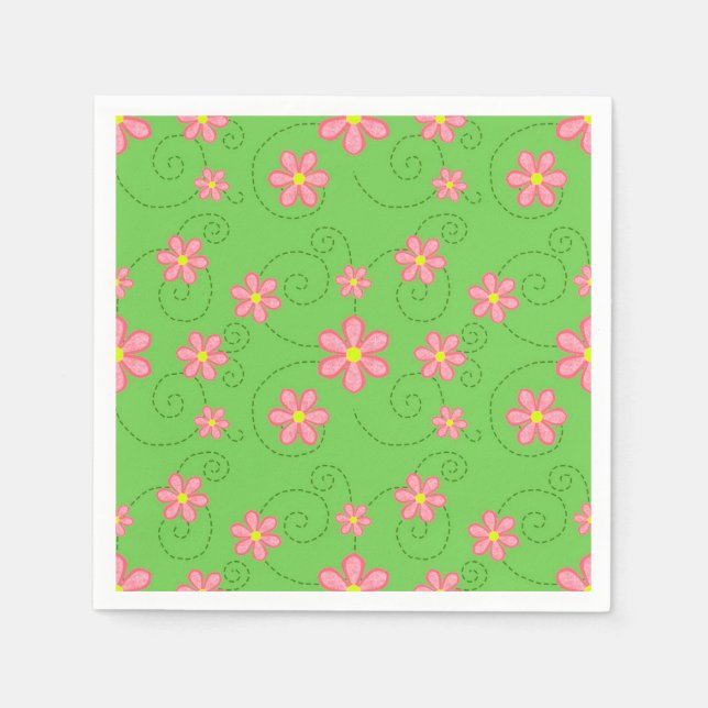 Pink Daisies and Bug Trails on Bright Green Serviette (Vorderseite)