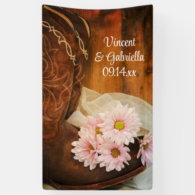 Pink Daisies Cowboy Boots Country Western Hochzeit Banner (Vertikal)