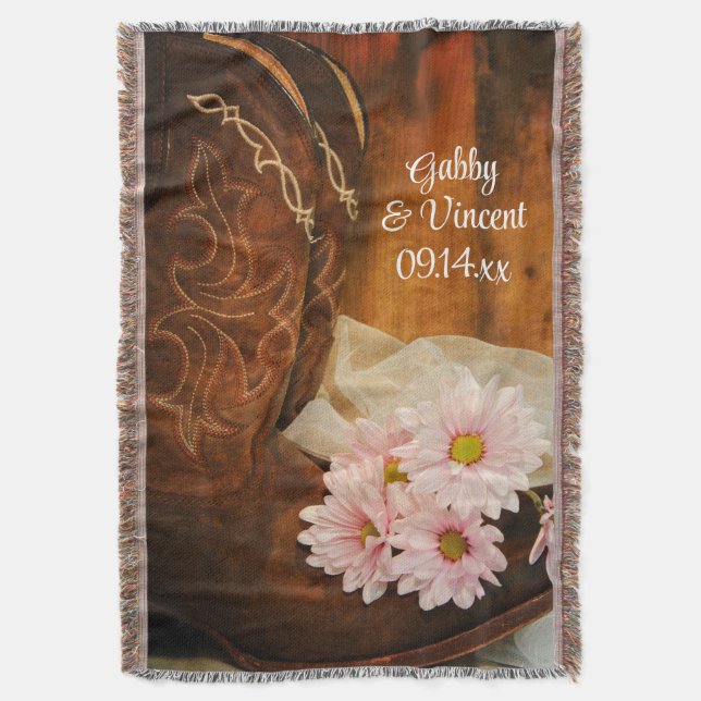 Pink Daisies Cowboy Boots Country Western Hochzeit Decke (Vorderseite Vertikal)