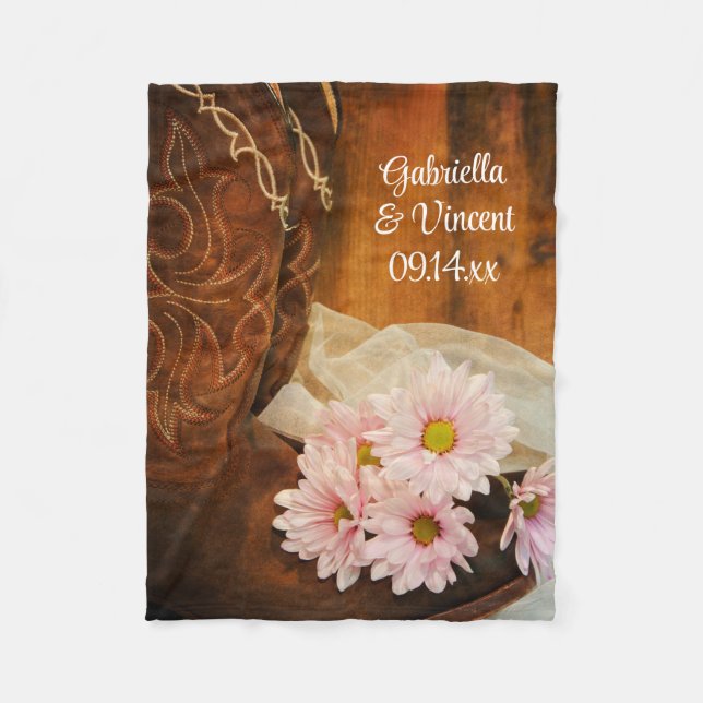 Pink Daisies Cowboy Boots Country Western Hochzeit Fleecedecke (Vorderseite)
