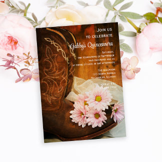 Pink Daisies Cowboy Boots Quinceanera Barn Party Einladung