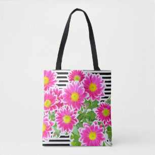Pink Daisis / Asters Bouquet & schwarze Streifen Tasche