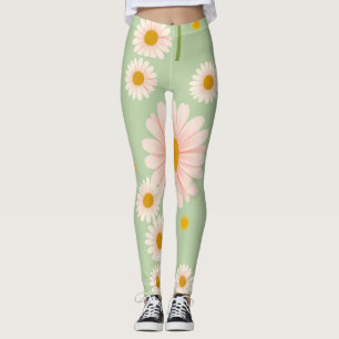 Pink Daisis auf hellgrünem Hintergrund Leggings