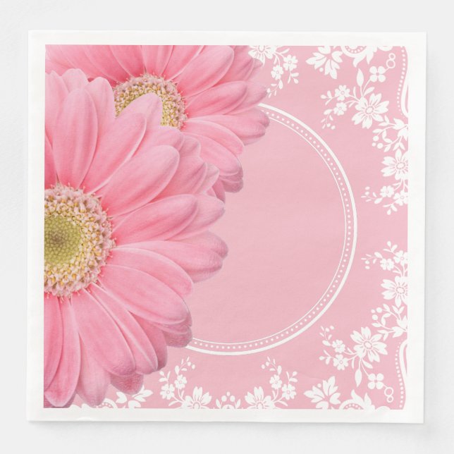 Pink Daisis & White Lace Party Hochzeitsempfang Serviette (Vorderseite)