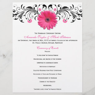 Pink Daisy Black White Floral Wedding Programme