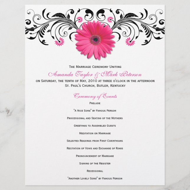 Pink Daisy Black White Floral Wedding Programme (Devant)