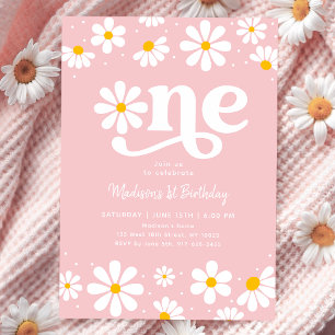 Pink Daisy Boho Erster Geburtstag Einladung