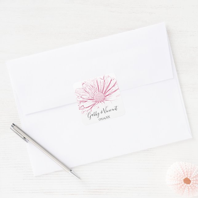 Pink Daisy Effect Floral Wedding Quadratischer Aufkleber (Umschlag)