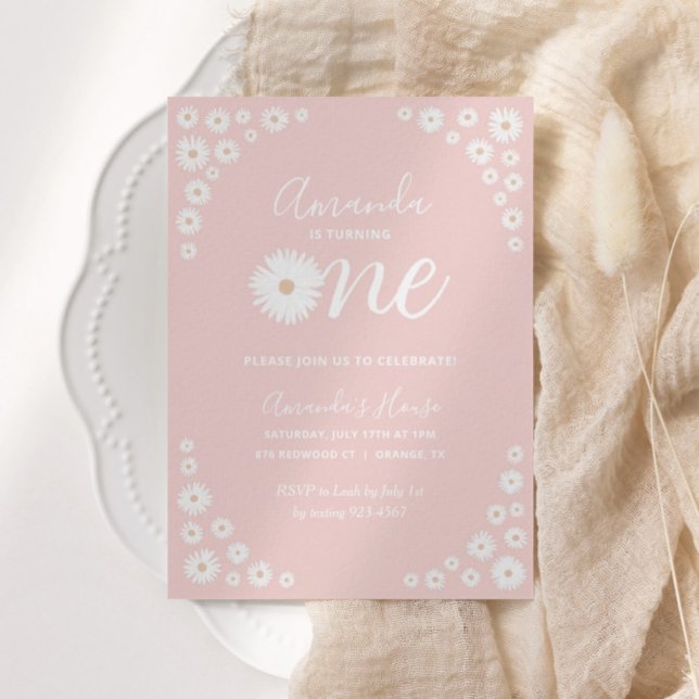Pink Daisy Floral Boho First Birthday Invitation (Créateur téléchargé)