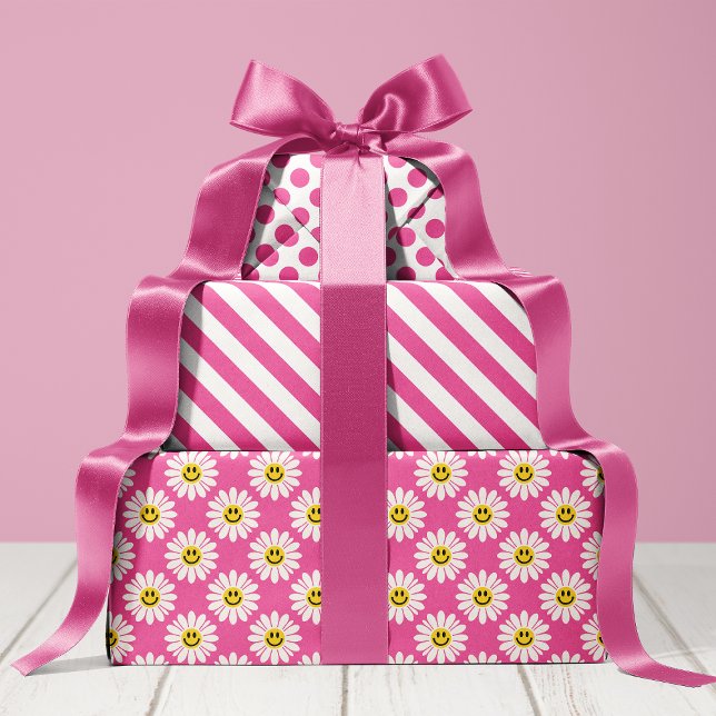 Pink Daisy Floral Stripes Polka Dot Geschenkpapier Set (Von Creator hochgeladen)