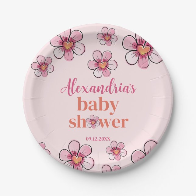 Pink Daisy Flower Girls Baby Shower  Pappteller (Vorderseite)