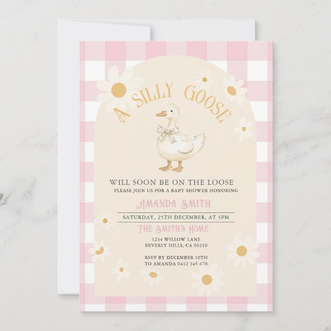 Pink Daisy Girl Goose Baby Dusche Einladung (Vorderseite)