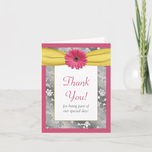 Pink Daisy Gray Yellow Damask Wedding Danke (Vorderseite)