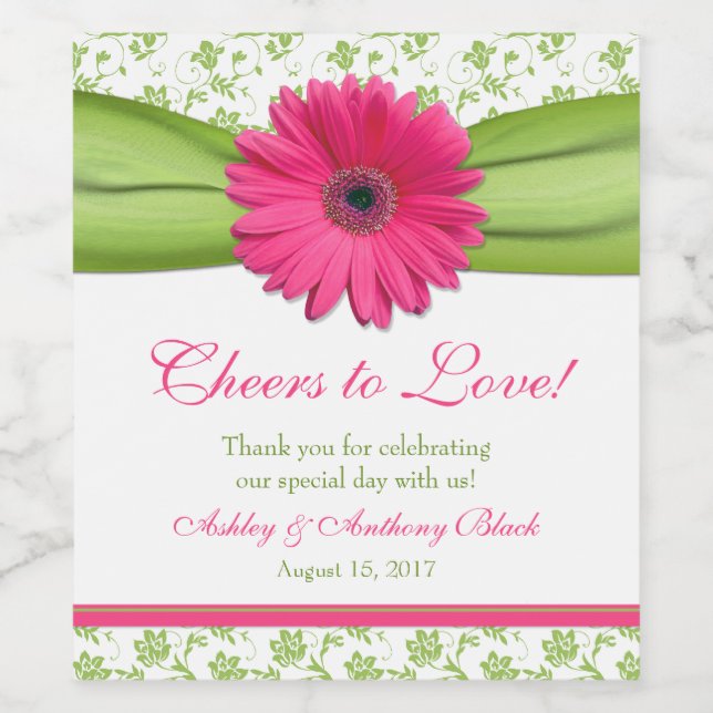 Pink Daisy Green Floral jubelt Liebe Weinetikett (Einzelnes Label)