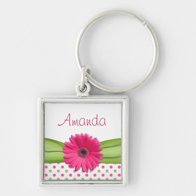 Pink Daisy Green Polka Dot Individuelle Name Schlü Schlüsselanhänger (Vorne)
