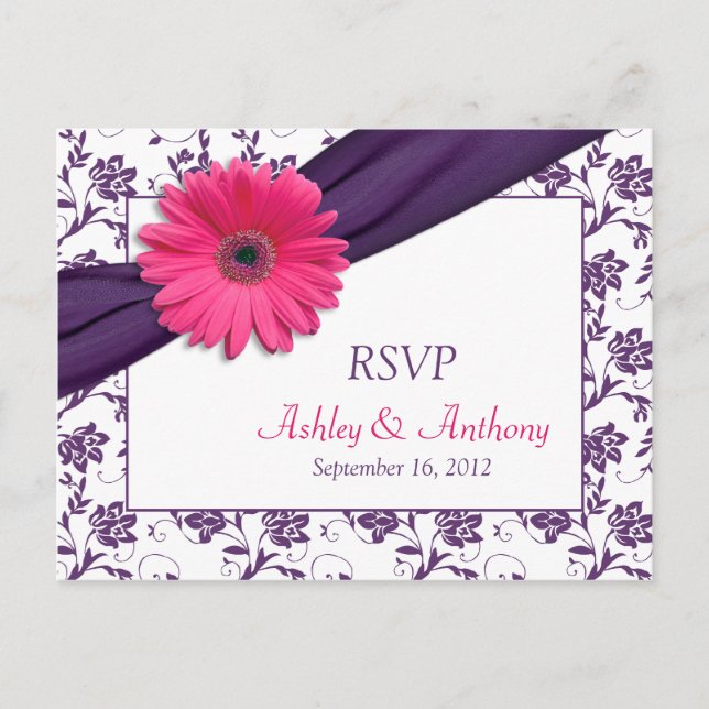 Pink Daisy Lila Damask Hochzeitskarte UAWG Postkar Einladungspostkarte (Vorderseite)