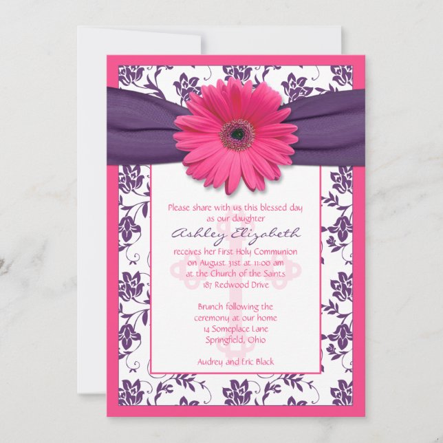 Pink Daisy Lila Floral Erste Kommune Einladung (Vorderseite)