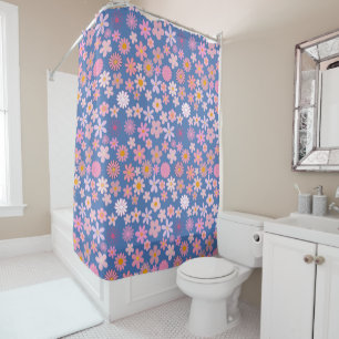 Pink Daisy Muster 01.bw LBlue BG Duschvorhang