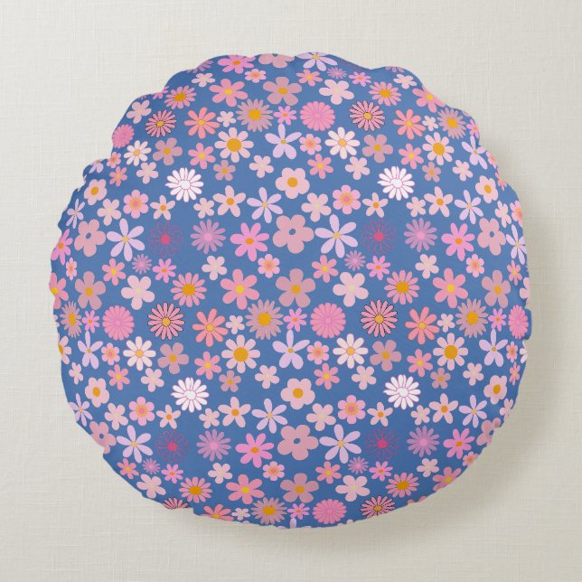 Pink Daisy Muster 01.bw LBlue BG Rundes Kissen (Vorderseite)