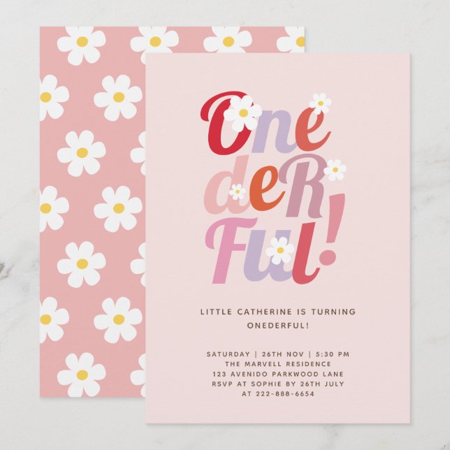 Pink Daisy ONE derful 1st Birthday Invitation (Devant / Derrière)