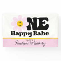 Pink Daisy One Happy Babe First Birthday Banner