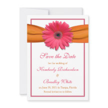 Pink Daisy Orange Ribbon Wedding Save the Date