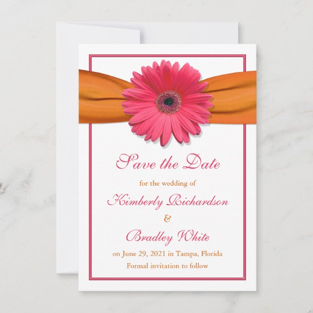 Pink Daisy Orange Ribbon Wedding Save the Date (Vorderseite)
