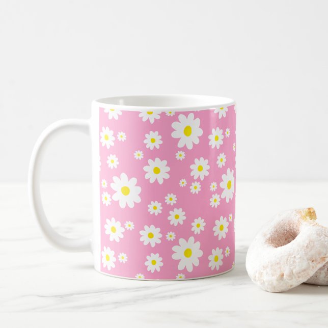 Pink Daisy Pattern Frühlingsblütenkaffee Tasse (Mit Donut)