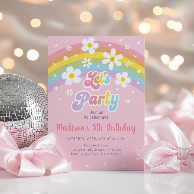 Pink Daisy Rainbow Groovy Birthday Einladung (Von Creator hochgeladen)