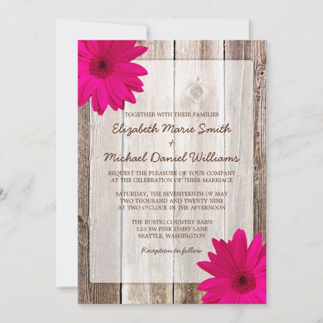 Pink Daisy Rustic Barn Wood Wedding Einladung (Vorderseite)