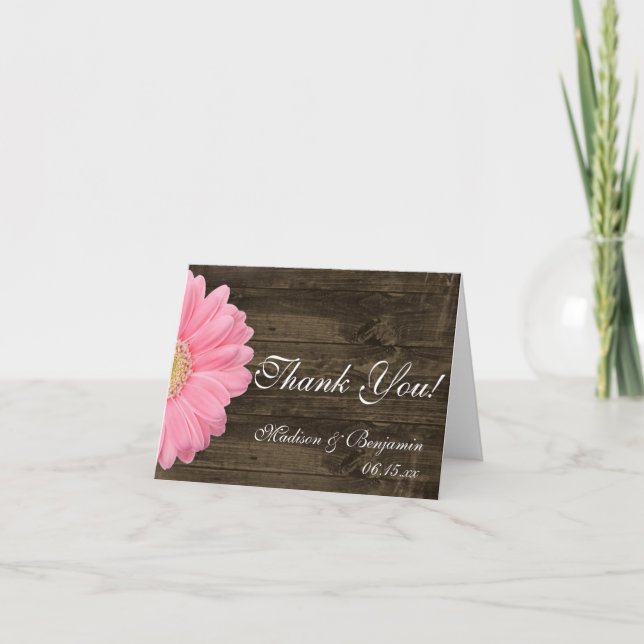 Pink Daisy Rustic Wedding Danke Karten (Vorderseite)