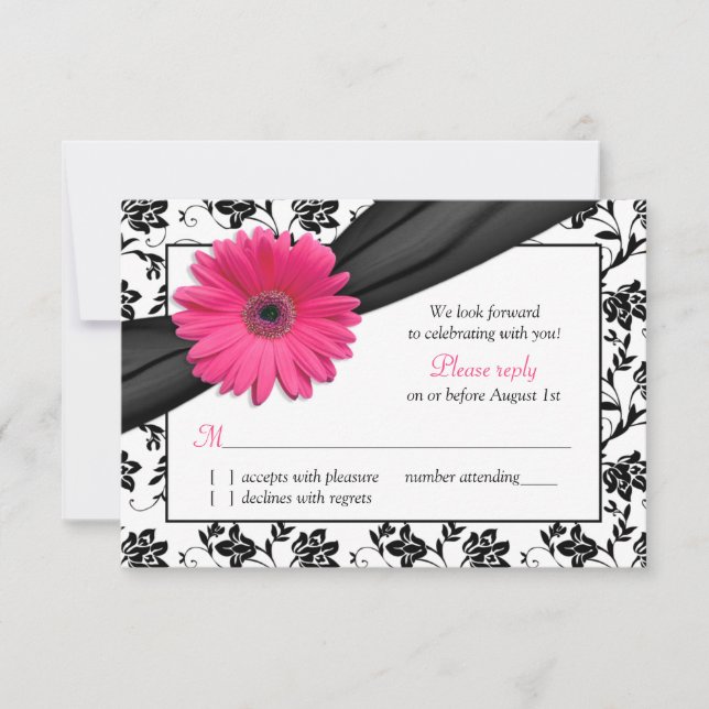 Pink Daisy Schwarz-weiß Floral Damask Hochzeit UAW RSVP Karte (Vorderseite)